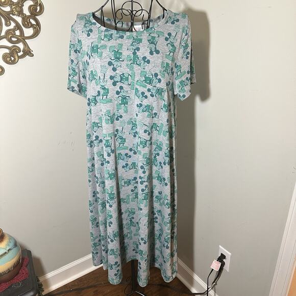 LuLaRoe Disney Carly Dress M Gray Green Mickey Mouse Print Hi-Low Hem - Picture 2 of 14